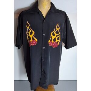 Vintage Dragonfly Mens Button-Up Flaming Dice Camp Shirt L Black